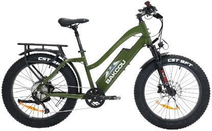 Picture of Bakcou E-Bikes B-Fst24-G-B17 Flatlander St 24 Gloss Army Green 18" W/Stand Over Height Of 26"/Frame Shimano Alivio Hill-Climbing 9 Speed Bafang 750W High-End Rear Hub Motor 25+ Mph Speed 