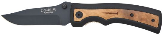 Picture of Camillus 19076-001 Slick 3" Folding Clip Point Plain Black Carbonitride Titanium Aus-8A Ss Blade, 5" Black Rubber/Wood Handle 