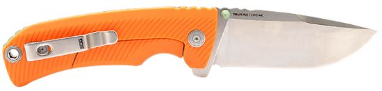 Picture of S.O.G Sog14060343 Tellus Flk 3.65" Folding Clip Point Plain Stonewashed Cryo 440C Ss Blade, Blaze Orange Textured Grn Handle, Blister Pack 