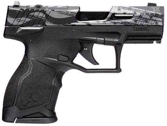 Picture of Taurus 1Tx22131us5 Tx22c T.O.R.O. Compact Frame 22 Lr 13+1 3.60" Matte Black Threaded Barrel, Engraved Distressed Usa Flag Optic Ready/Serrated Slide, Black Polymer Frame 