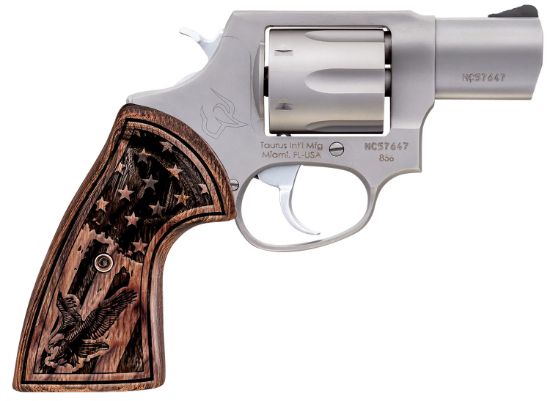 Picture of Taurus 285629Us1 856 Small Frame 38 Special +P 6Rd Matte Stainless Steel Barrel, Cylinder & Frame, Engraved Usa Flag Walnut Grip, Transfer Bar Safety 