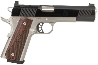 Picture of Springfield Armory Px9121laos 1911 Ronin 10Mm Auto 8+1, 5" Stainless Match Grade Steel Barrel, Blued Serrated Carbon Steel Slide, Stainless Steel Steel Frame W/Beavertail, Crossed Cannon Wood Grip 