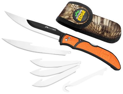 Picture of Outdoor Edge Rbb20c Razorbone 6 Blades, Folding 3.40" Gut Hook/3.50" Drop Point/5" Fillet Satin/Black Oxide 420J2 Ss Blades, Blaze Orange Textured Grivory W/Tpr Inserts Handle 