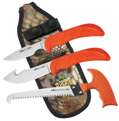 Picture of Outdoor Edge Wg10c Wildguide Fixed Caper/Saw/Skinner W/Gut Hook Satin 420J2 Ss Blades, Blaze Orange Textured Tpr Handle 