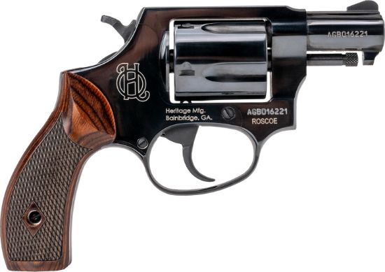 Picture of Heritage Mfg Hr38b2w Roscoe Small Frame 38 Special +P 5Rd 2" Black Polished Alloy Steel Barrel & Cylinder, Black Polished Carbon Steel Frame, Wood Grip, Transfer Bar Safety 