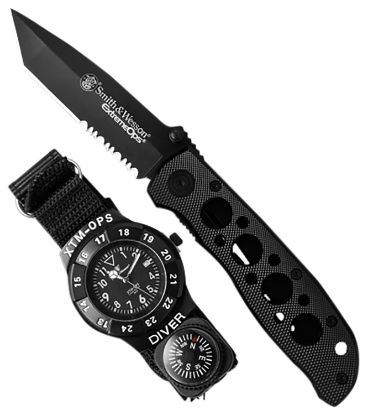 Picture of S&W Swxtmops2 S&W Extreme Ops Combo 3.18" Folding Plain Black 420 Stainless Steel Blade, Black Handle, Watch W/Compass 