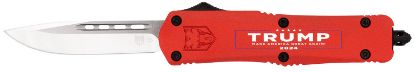 Picture of Cobratec Knives Mtrp24reddns Fs-3 Trump 2024 Medium Otf Drop Point Plain Satin D2 Steel Blade, 4.50" Red W/Trump, Make America Great Again Aluminum Cerakoted Handle 